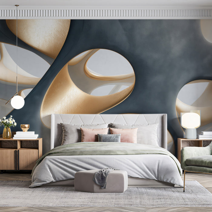 Abstract Golden & Grey Organic Forms Mural Wallpaper | Luxurious Cellular Design