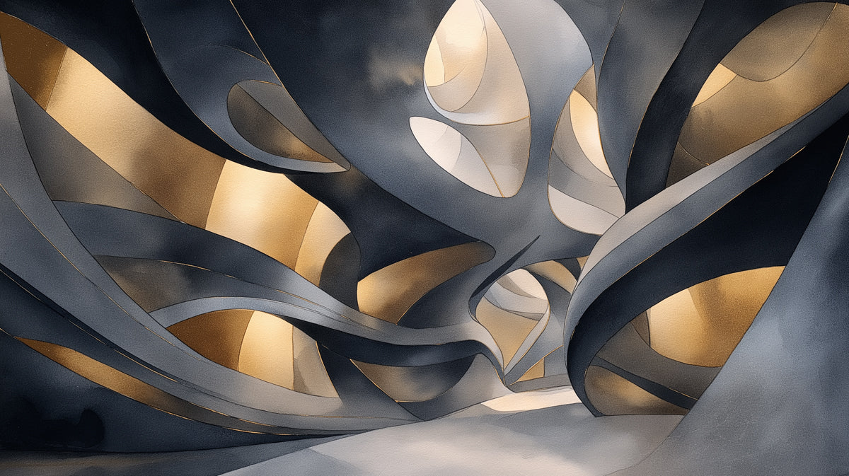 Abstract Golden & Grey Cavern Mural Wallpaper | Mystical Architectural Form Art