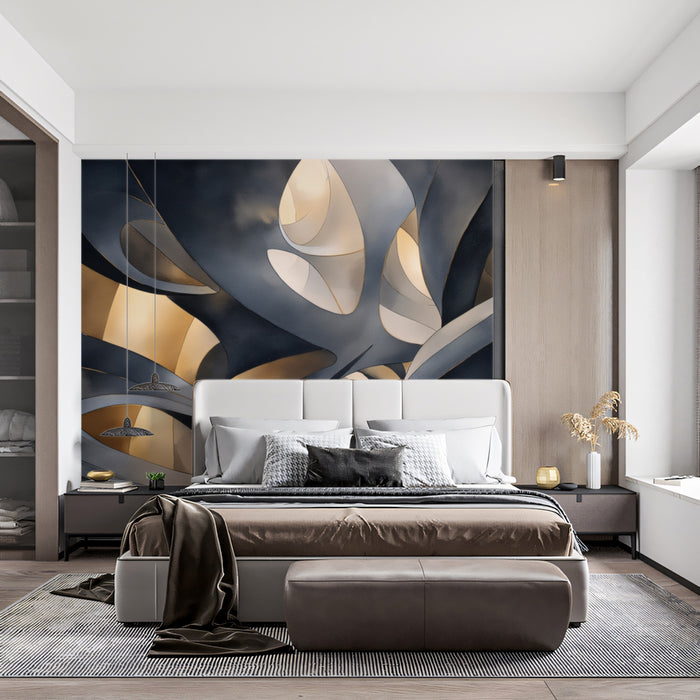 Abstract Golden & Grey Cavern Mural Wallpaper | Mystical Architectural Form Art