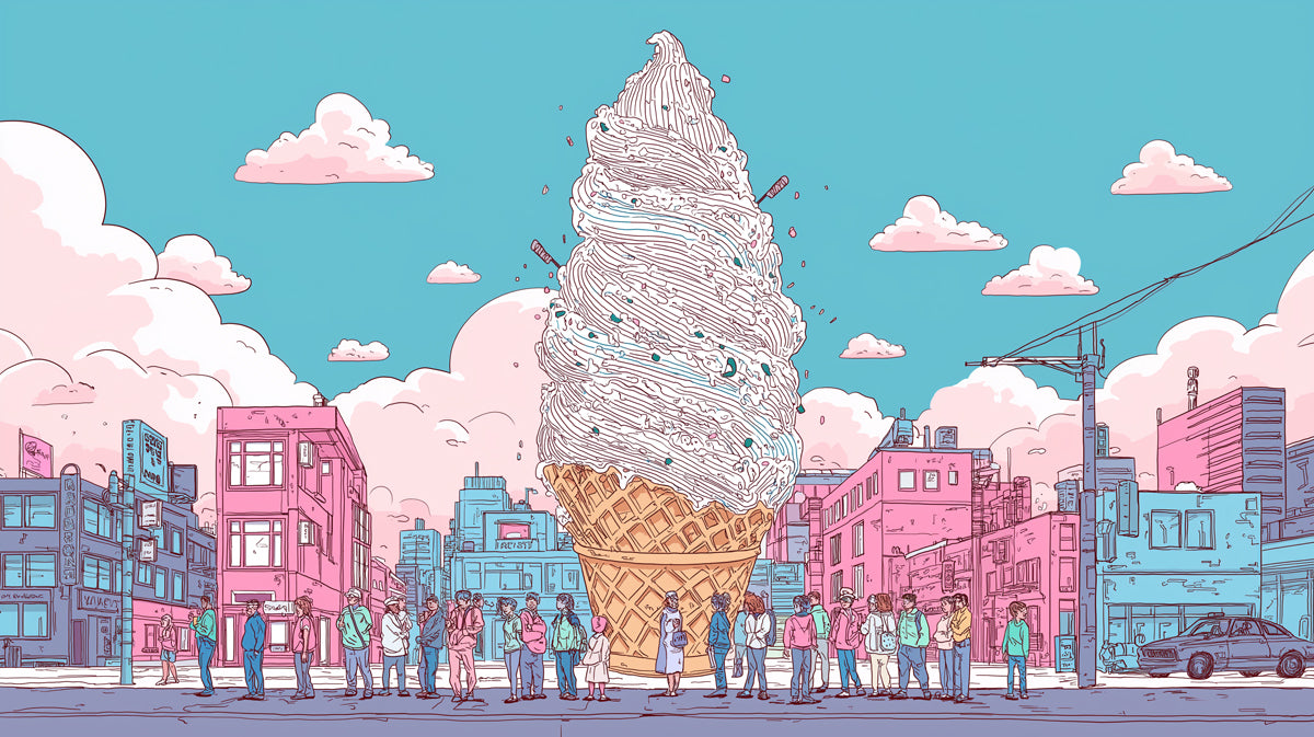 Giant Ice Cream Cone in City Mural Wallpaper | Whimsical Urban Art with Pastel Hues