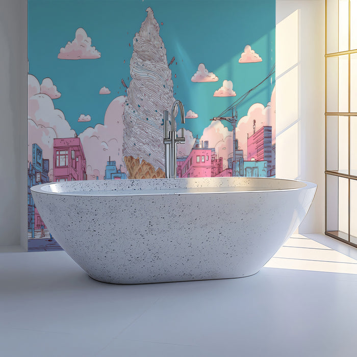 Giant Ice Cream Cone in City Mural Wallpaper | Whimsical Urban Art with Pastel Hues
