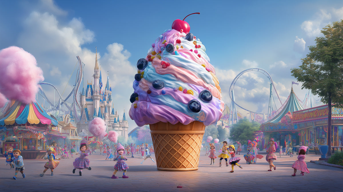 Giant Ice Cream Cone at Amusement Park Mural Wallpaper | Whimsical Fairytale Scene