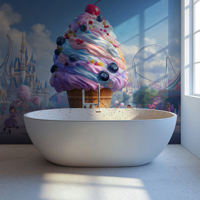 Giant Ice Cream Cone at Amusement Park Mural Wallpaper | Whimsical Fairytale Scene