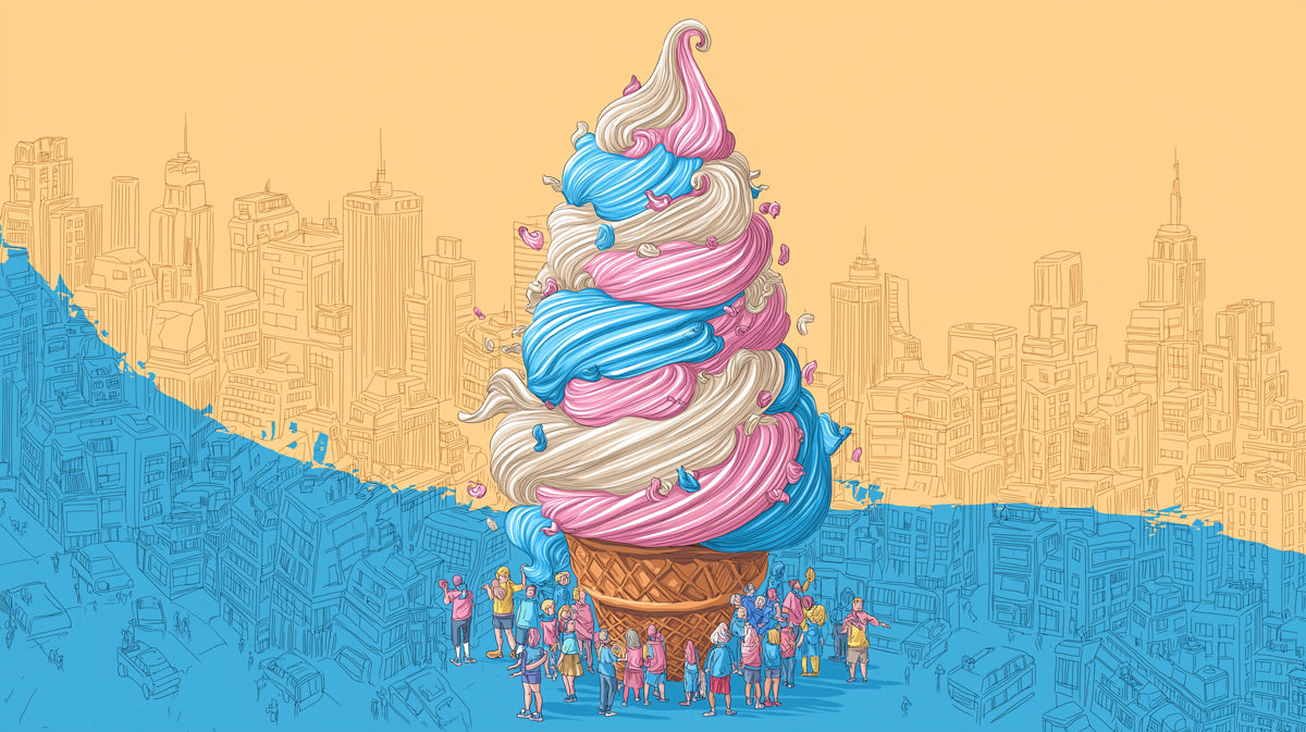 Giant Ice Cream Cone City Mural Wallpaper | Whimsical Urban Pop Art with Pastel Hues