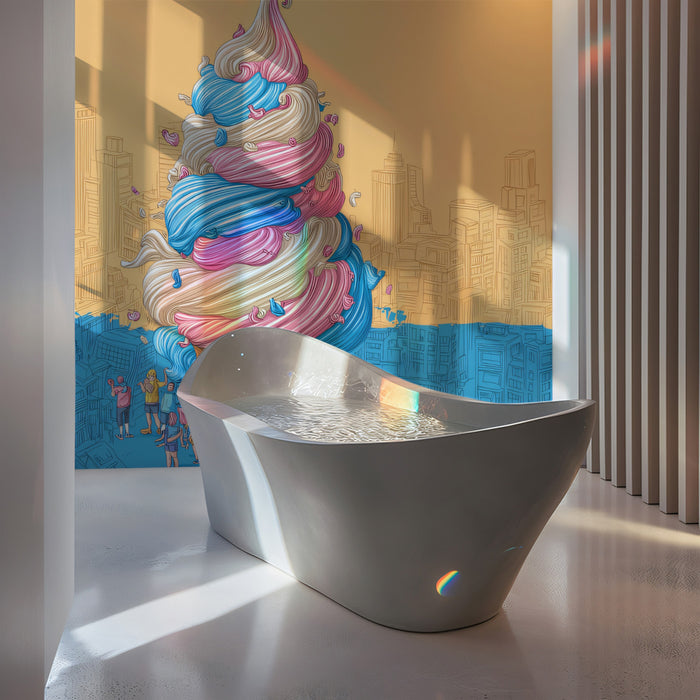 Giant Ice Cream Cone City Mural Wallpaper | Whimsical Urban Pop Art with Pastel Hues