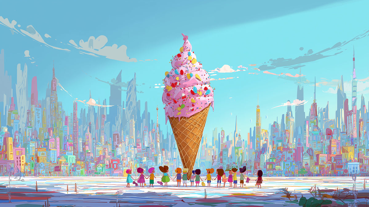 Murales de Papel Tapiz de Cono de Helado Gigante en la Ciudad | Arte Pop Urbano Caprichoso