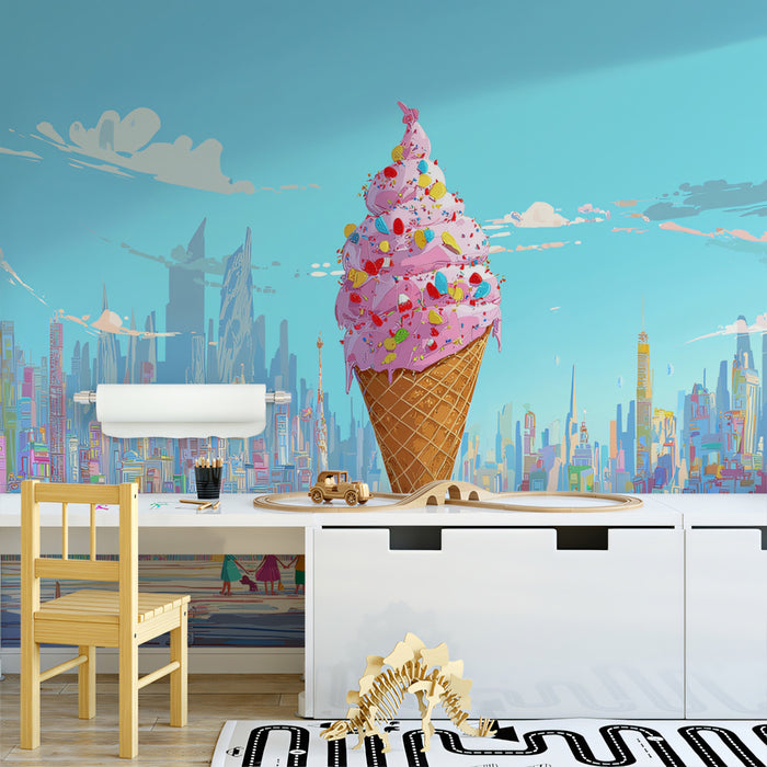 Murales de Papel Tapiz de Cono de Helado Gigante en la Ciudad | Arte Pop Urbano Caprichoso