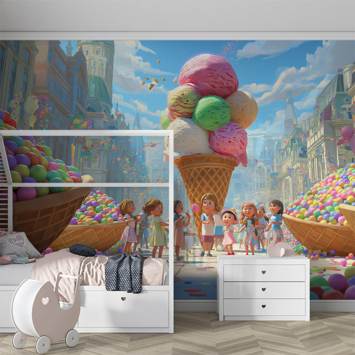 Giant Ice Cream Cone Party Mural Wallpaper | Whimsical Sweet Treat Festival