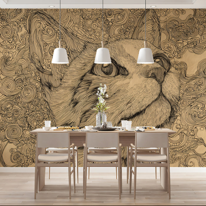 Intricate Cat Line Art Mural Wallpaper | Detailed Feline Sketch with Swirling Patterns