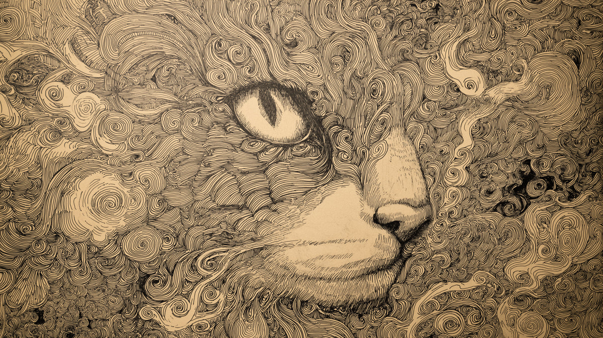 Mysterious Cat Line Art Mural Wallpaper | Detailed Feline Sketch with Swirling Patterns
