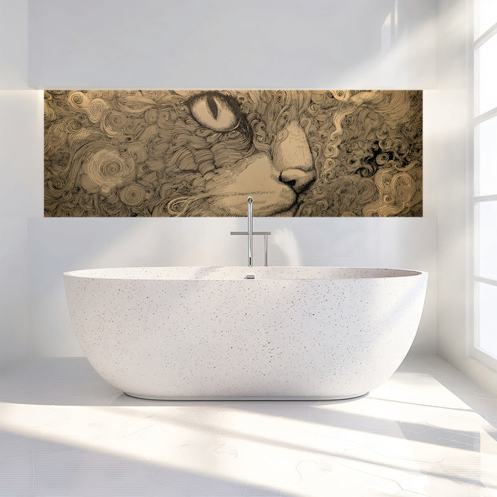 Mysterious Cat Line Art Mural Wallpaper | Detailed Feline Sketch with Swirling Patterns