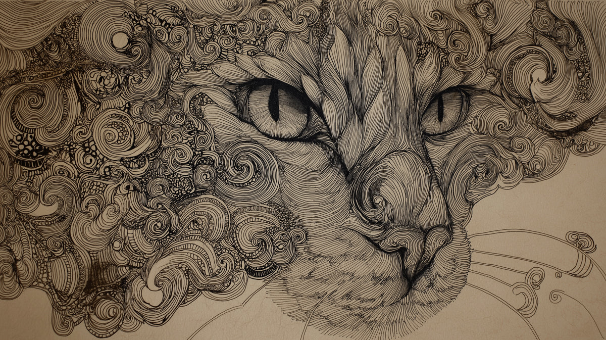 Intense Cat Eye Line Art Mural Wallpaper | Detailed Feline Sketch with Swirling Patterns