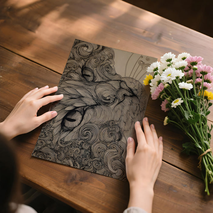 Intense Cat Eye Line Art Mural Wallpaper | Detailed Feline Sketch with Swirling Patterns