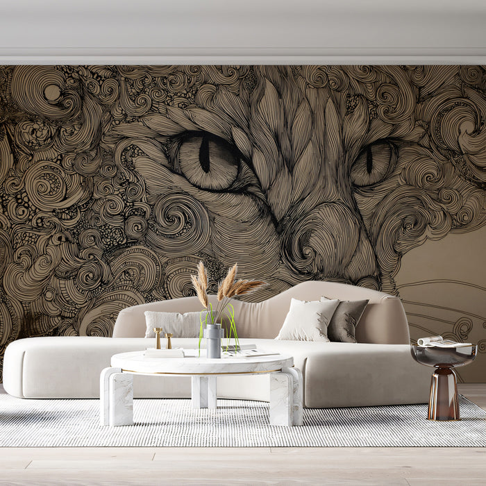 Intense Cat Eye Line Art Mural Wallpaper | Detailed Feline Sketch with Swirling Patterns
