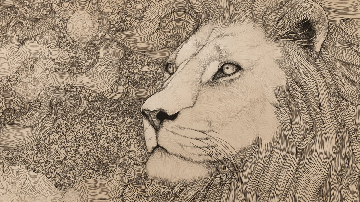 Regal Lion Line Art Mural Wallpaper | Detailed King of the Jungle Sketch with Swirling Patterns