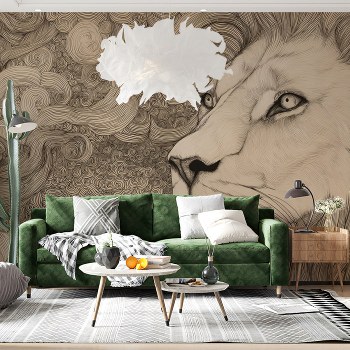 Regal Lion Line Art Mural Wallpaper | Detailed King of the Jungle Sketch with Swirling Patterns