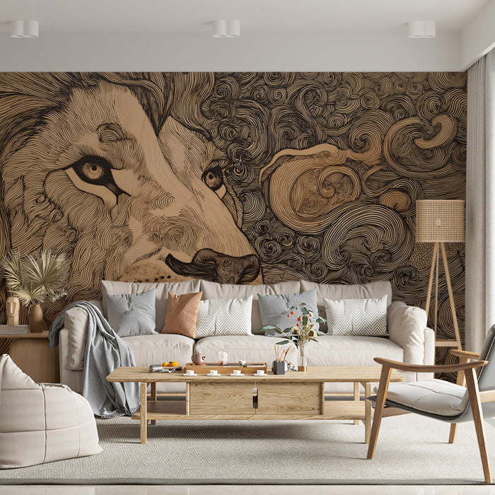 Expressive Lion Line Art Mural Wallpaper | Detailed King of the Jungle Sketch