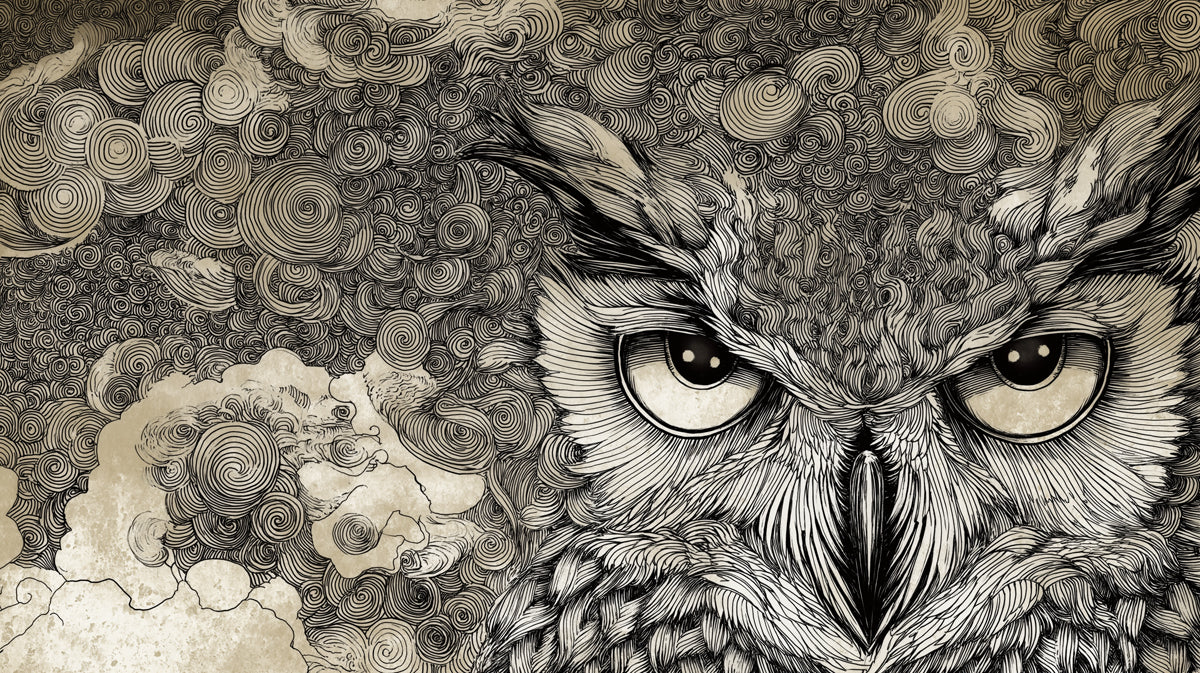 Moody Owl Line Art Mural Wallpaper | Detailed Nocturnal Sketch with Swirling Patterns