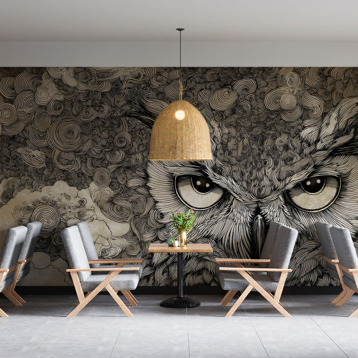 Moody Owl Line Art Mural Wallpaper | Detailed Nocturnal Sketch with Swirling Patterns
