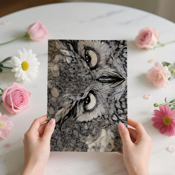 Moody Owl Line Art Mural Wallpaper | Detailed Nocturnal Sketch with Swirling Patterns