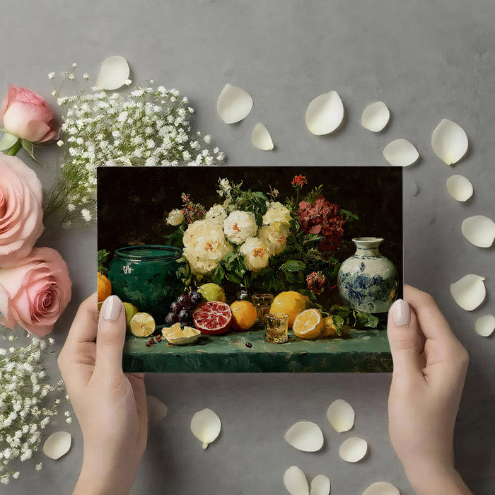 Traditional Still Life with Pomegranates & Flowers Mural Wallpaper | Classic Oil Painting Art