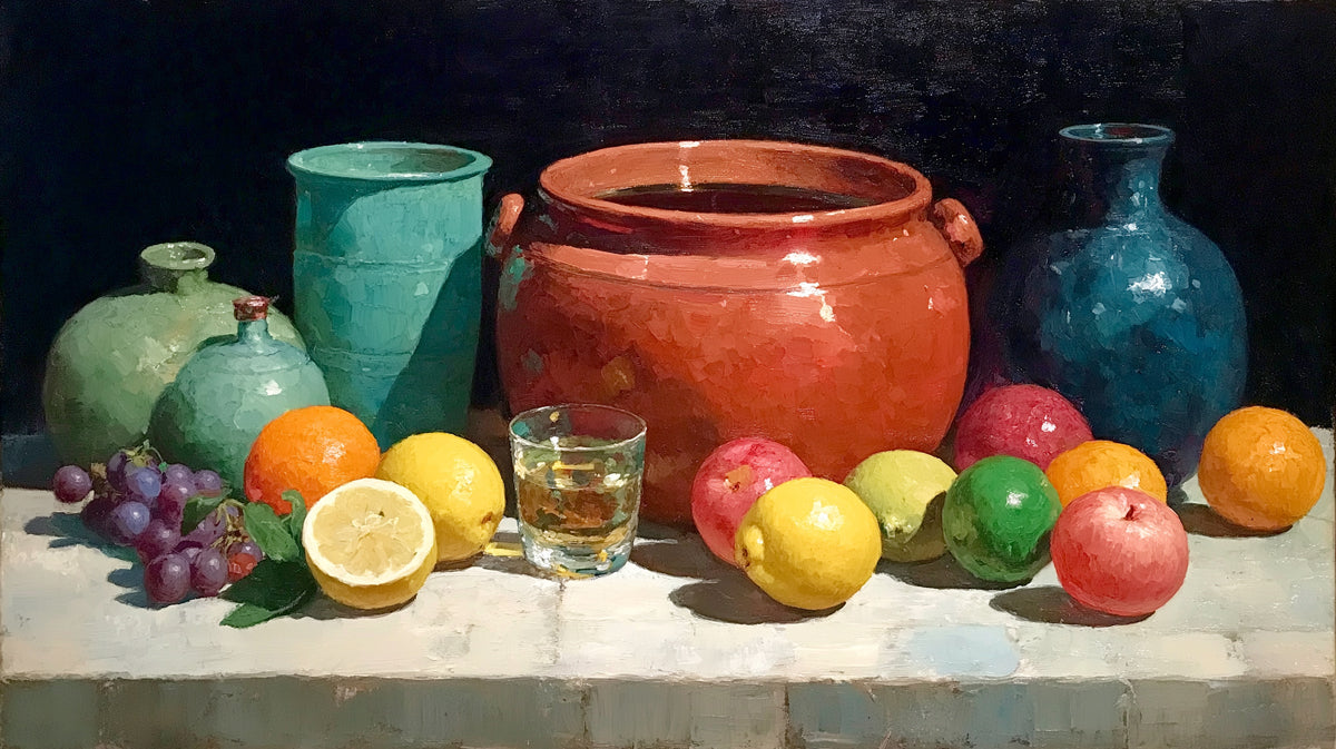 Classic Still Life with Fruits & Vases Mural Wallpaper | Timeless Oil Painting Art