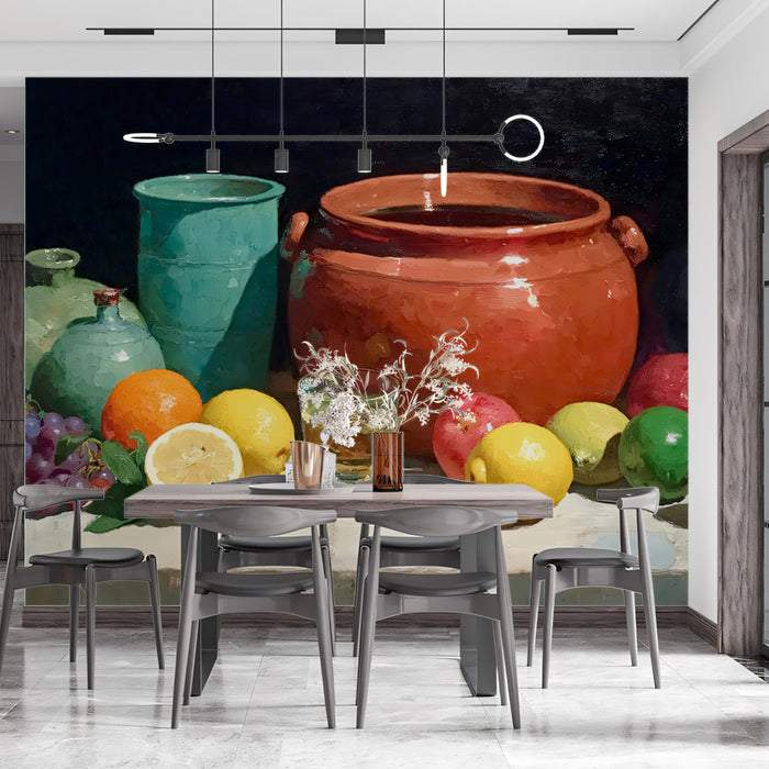 Classic Still Life with Fruits & Vases Mural Wallpaper | Timeless Oil Painting Art