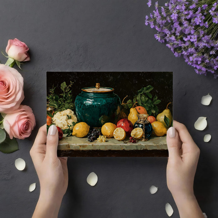 Naturaleza muerta tradicional con caldero y frutas Mural de papel tapiz | Arte clásico de pintura al óleo