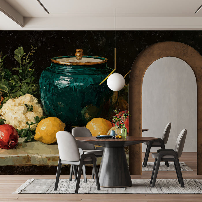 Naturaleza muerta tradicional con caldero y frutas Mural de papel tapiz | Arte clásico de pintura al óleo