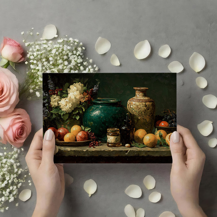 Classic Still Life with Vases & Fruits Mural Wallpaper | Rich Oil Painting Art