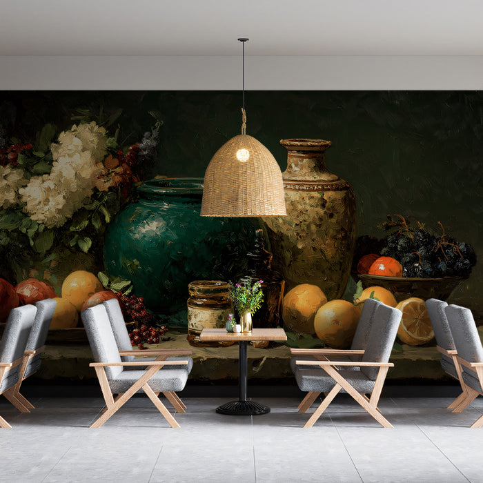 Classic Still Life with Vases & Fruits Mural Wallpaper | Rich Oil Painting Art