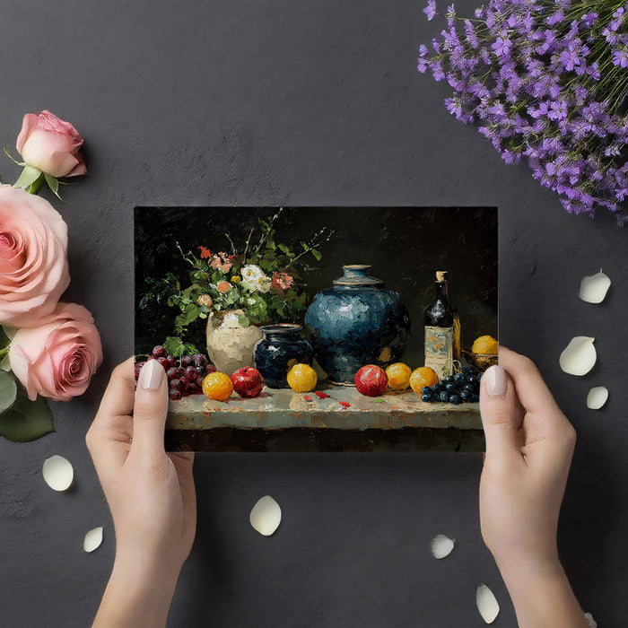 Papel tapiz mural de naturaleza muerta tradicional con jarrones azules | Arte de pintura al óleo clásico