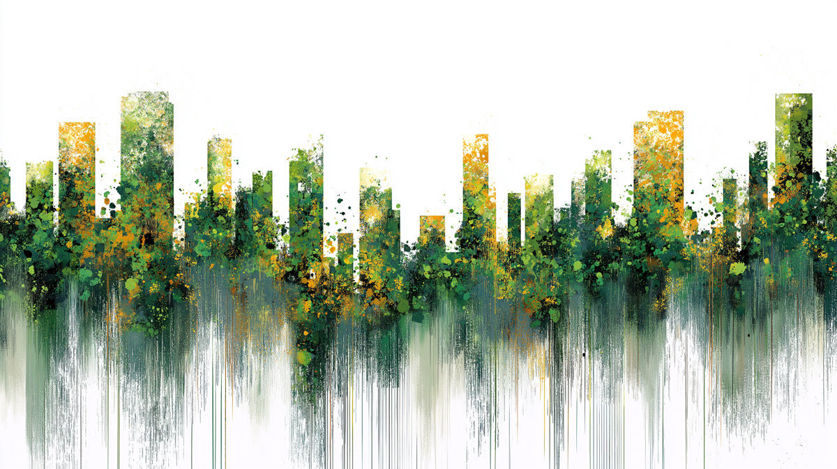Abstract Green Cityscape Mural Wallpaper | Modern Urban Art with Water Reflections