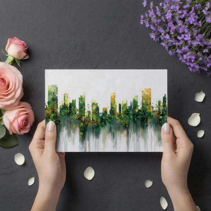 Abstract Green Cityscape Mural Wallpaper | Modern Urban Art with Water Reflections