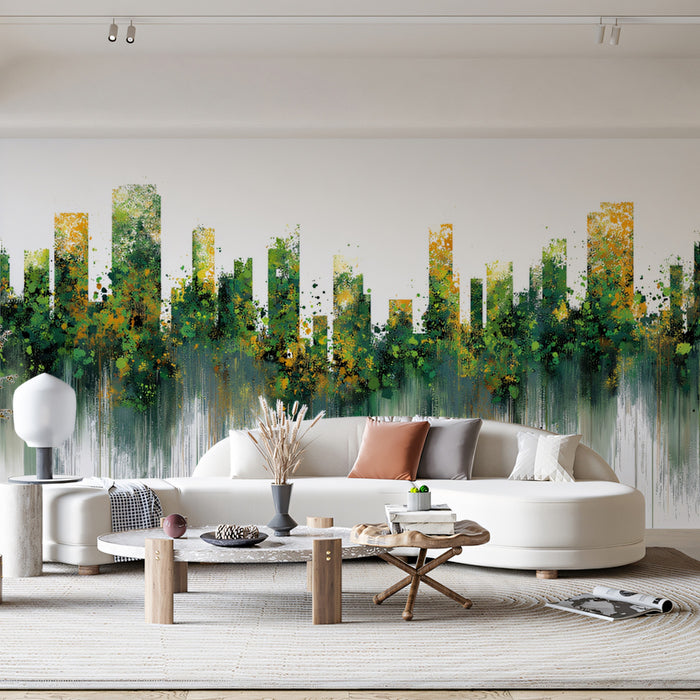 Abstract Green Cityscape Mural Wallpaper | Modern Urban Art with Water Reflections