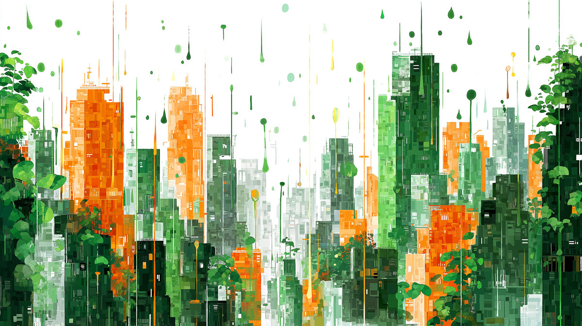 Eco-Cityscape Abstract Mural Wallpaper | Vibrant Urban Art with Greenery