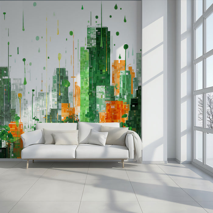Eco-Cityscape Abstract Mural Wallpaper | Vibrant Urban Art with Greenery