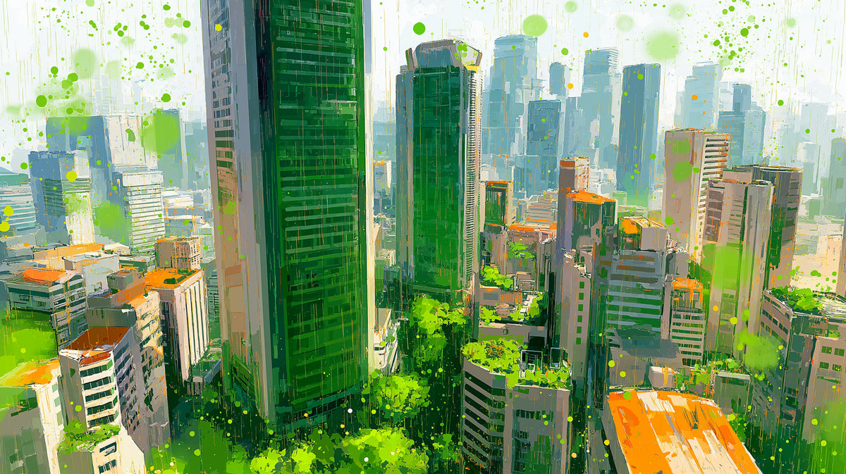 Green Oasis Cityscape Mural Wallpaper | Vibrant Urban Art with Nature Fusion