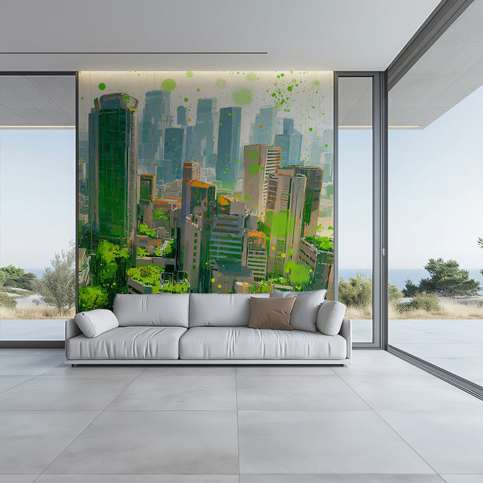 Green Oasis Cityscape Mural Wallpaper | Vibrant Urban Art with Nature Fusion