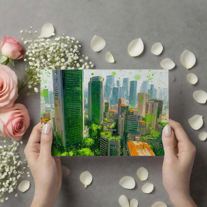 Green Oasis Cityscape Mural Wallpaper | Vibrant Urban Art with Nature Fusion