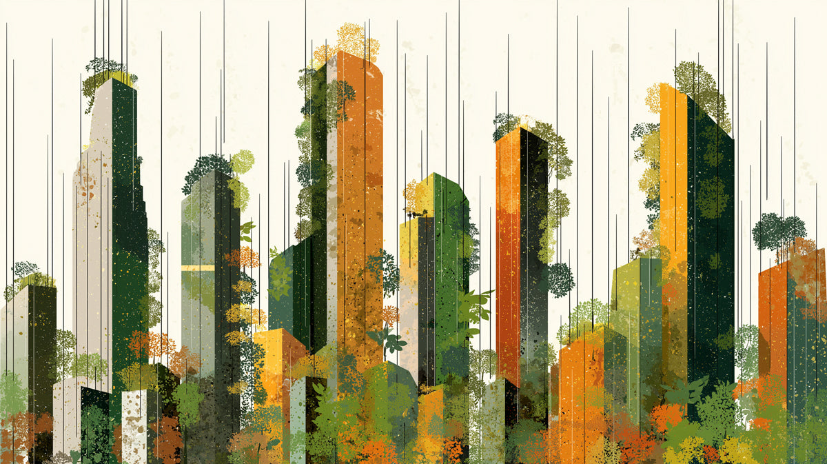 Vertical Green Cityscape Mural Wallpaper | Abstract Urban Art with Nature Infusion