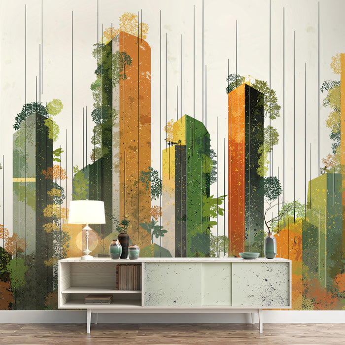 Vertical Green Cityscape Mural Wallpaper | Abstract Urban Art with Nature Infusion
