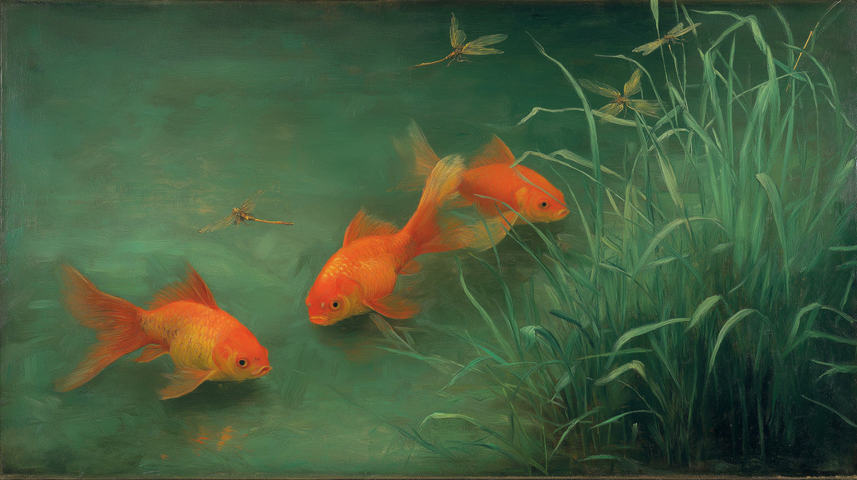 Goldfish Pond Painting Mural Wallpaper | Classic Oil Painting of Koi & Dragonflies