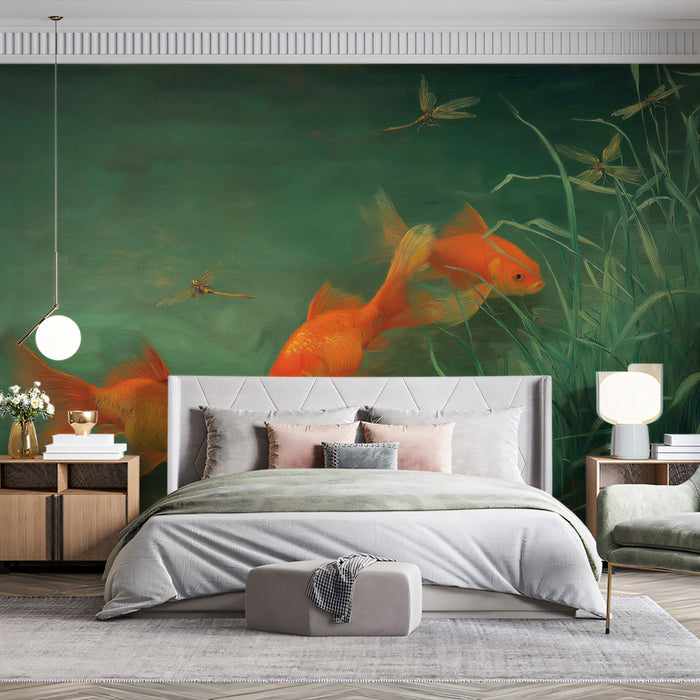 Goldfish Pond Painting Mural Wallpaper | Classic Oil Painting of Koi & Dragonflies