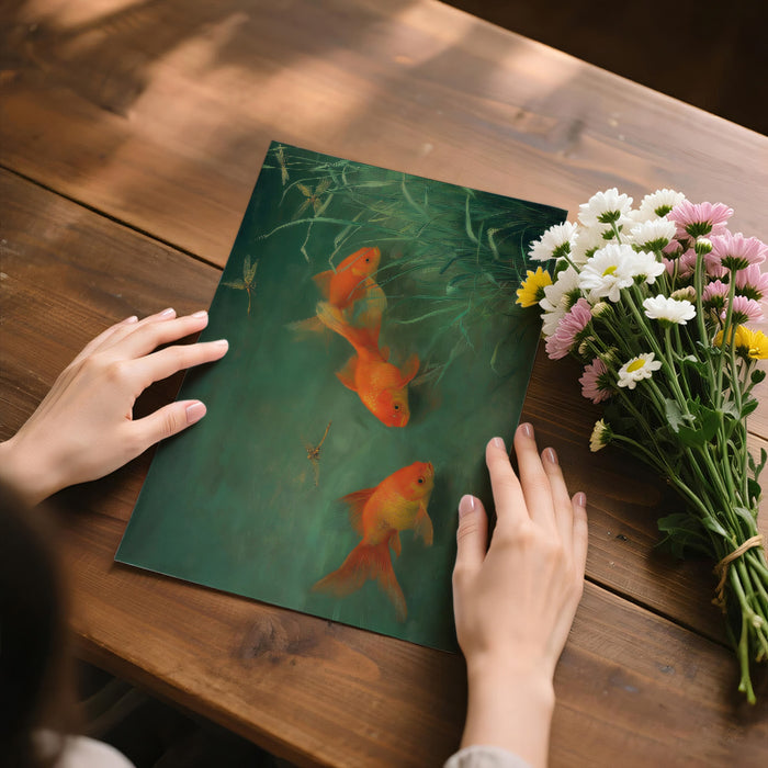 Goldfish Pond Painting Mural Wallpaper | Classic Oil Painting of Koi & Dragonflies