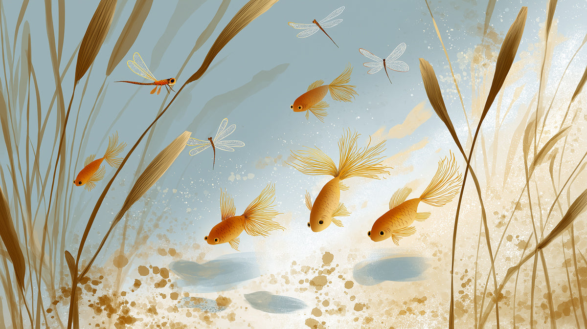 Golden Koi Pond Mural Wallpaper | Whimsical Goldfish & Dragonfly Art