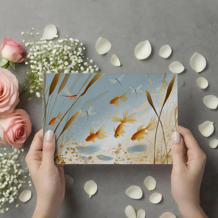 Golden Koi Pond Mural Wallpaper | Whimsical Goldfish & Dragonfly Art