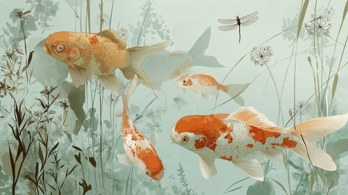 Abstract Koi Pond Mural Wallpaper | Whimsical Goldfish & Dragonfly Art