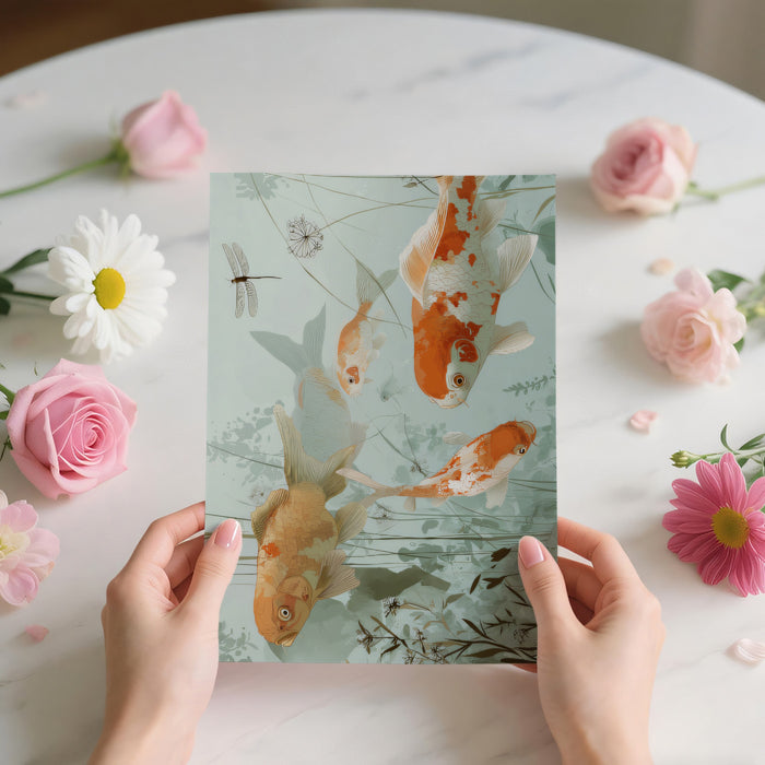 Abstract Koi Pond Mural Wallpaper | Whimsical Goldfish & Dragonfly Art