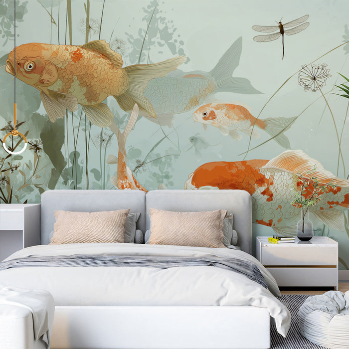 Abstract Koi Pond Mural Wallpaper | Whimsical Goldfish & Dragonfly Art